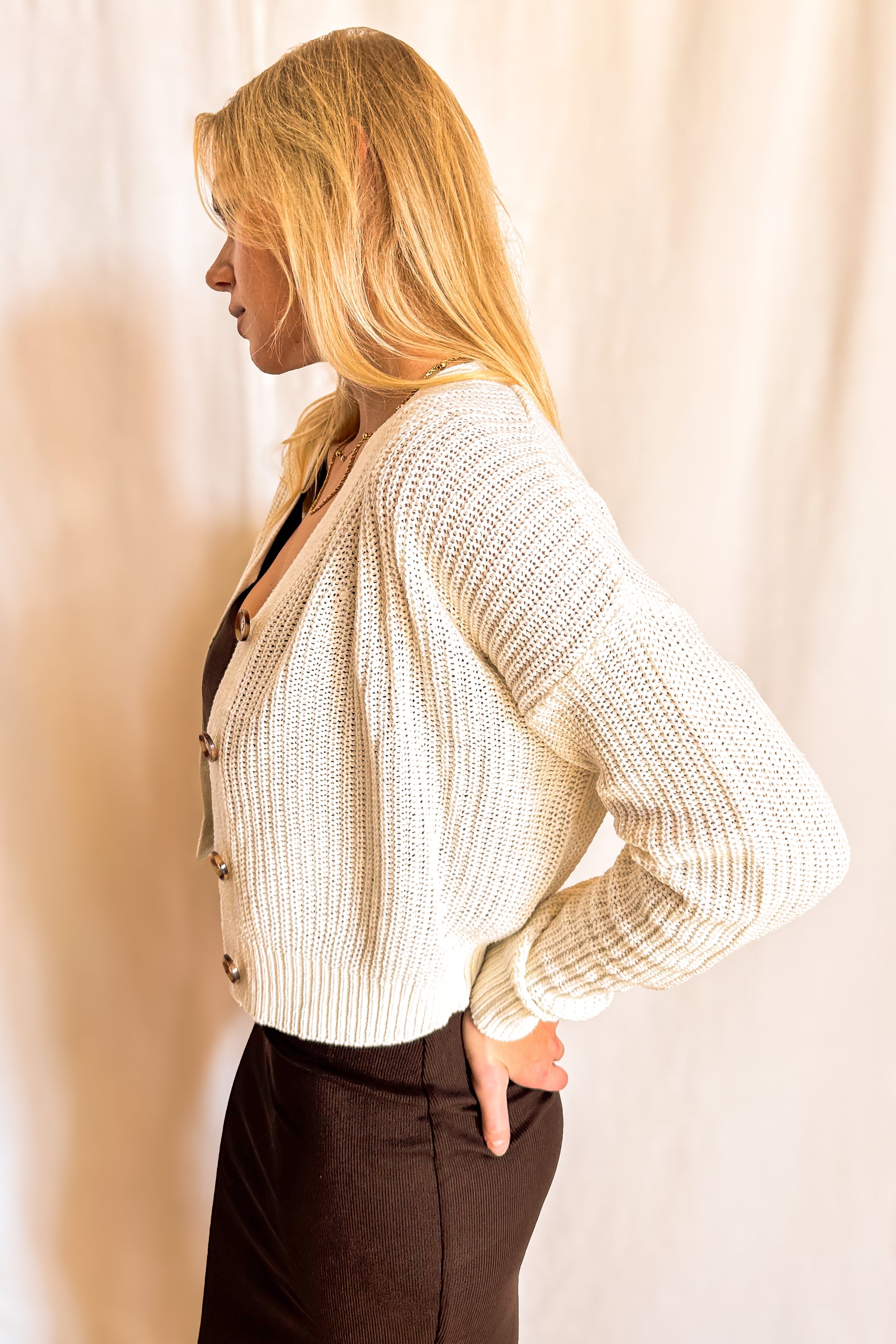 Button Up V-Neck Cardigan Sweater / Ivory