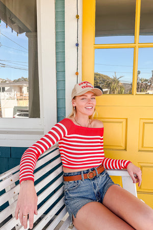 Knit Striped Off Shoulder Mid Sleeve Top / Coral