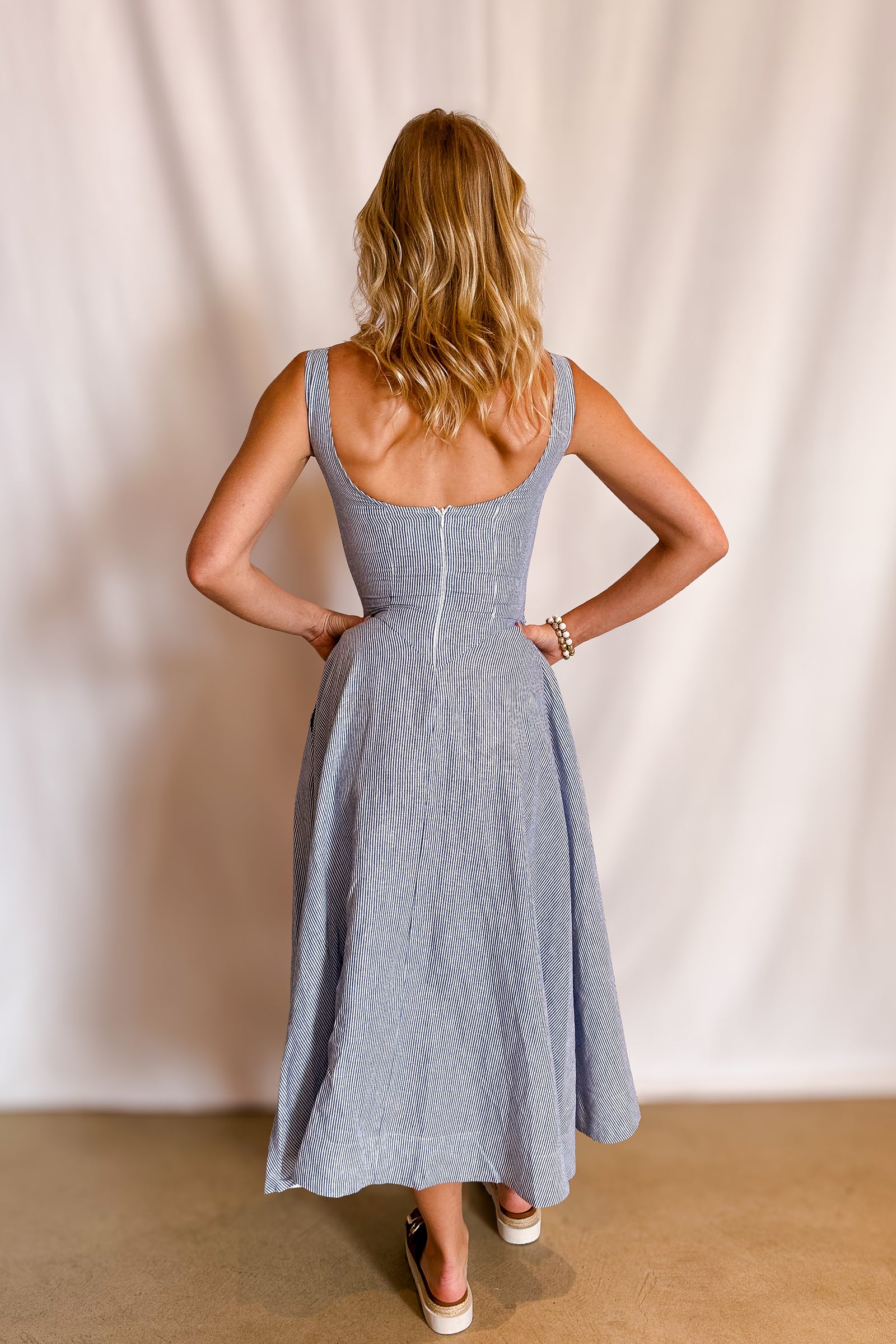 Railroad Stripe High Neck Tank Maxi Dress / Blue
