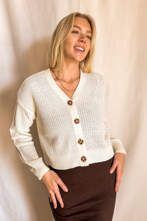 Button Up V-Neck Cardigan Sweater / Ivory