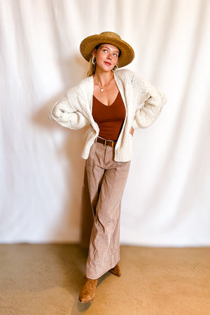 Soft Cable Knit Open Mid Length Cardigan / Cream