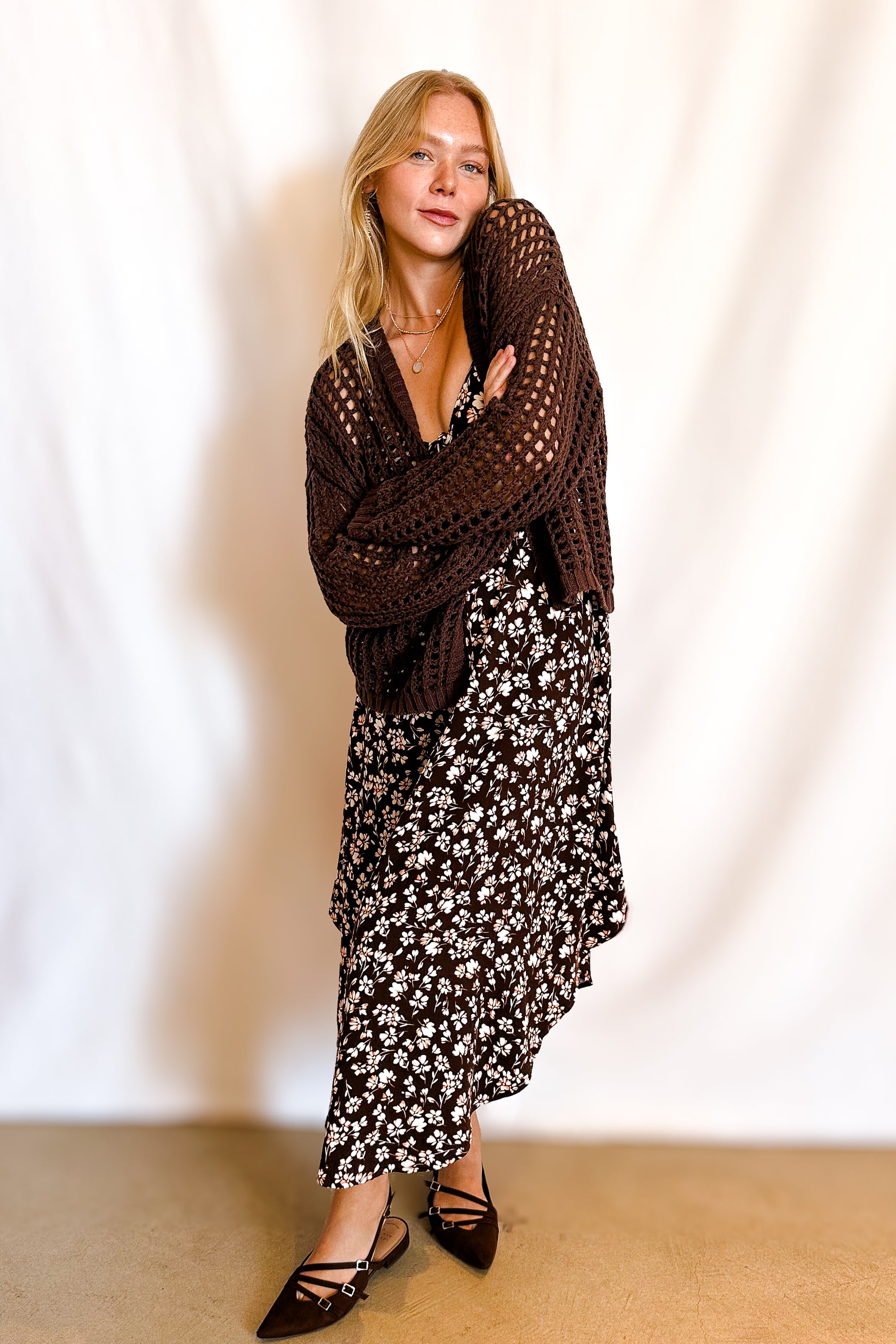 Small Floral Smock Bust Tulip Hem Midi Dress / Brown