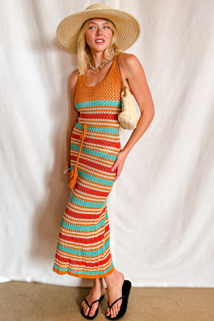 Sunset Stripe Crochet Tassle Belt Maxi Dress / Coral