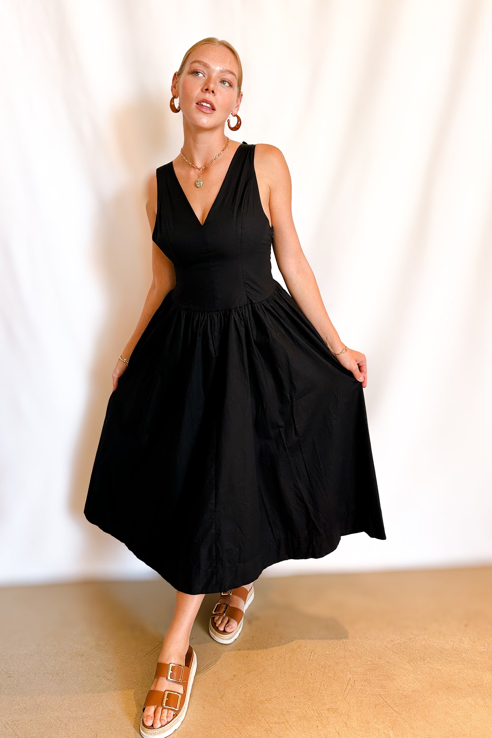 Cotton Bow Detail Tie Back Maxi Dress / Black