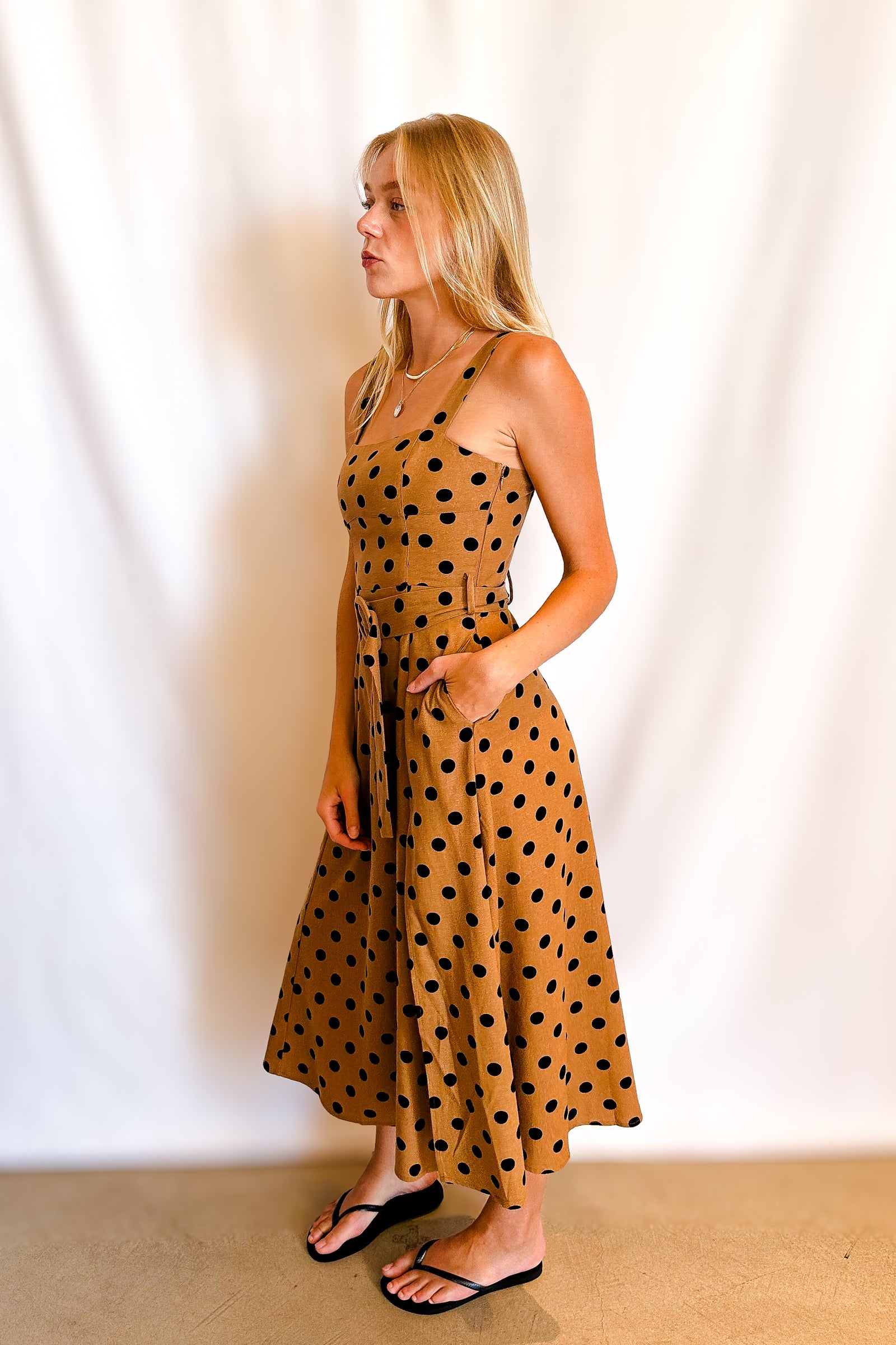 Polka Dot Linen Belted Tank Dress / Brown