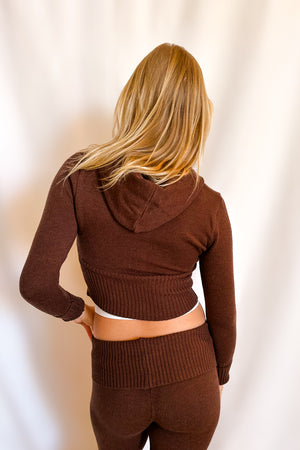Knit Two Way Zip Fitted Hooded Cardigan / Chocolate