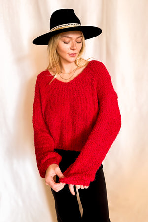 Fluffy V-Neck Sweater / Red