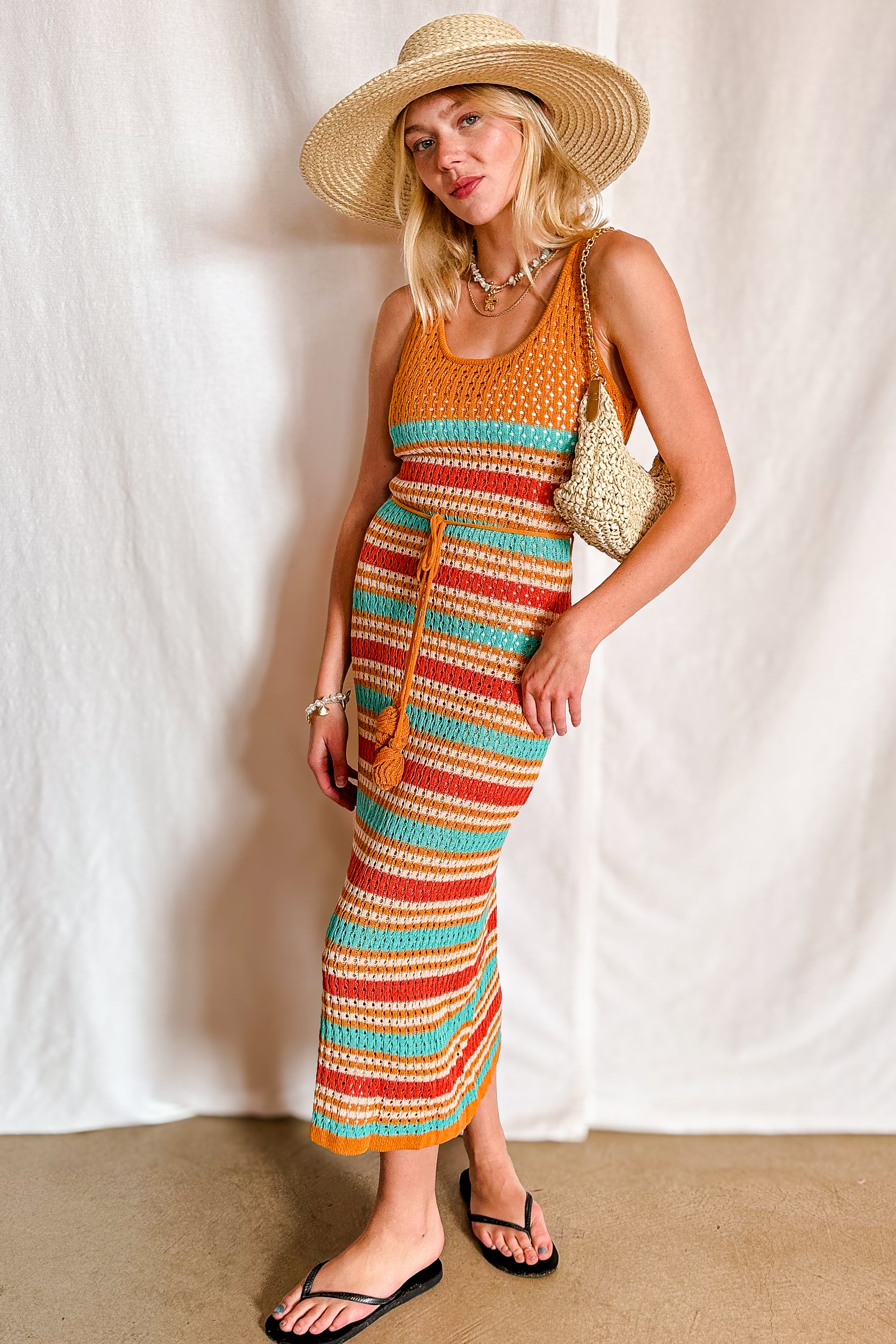 Sunset Stripe Crochet Tassle Belt Maxi Dress / Coral