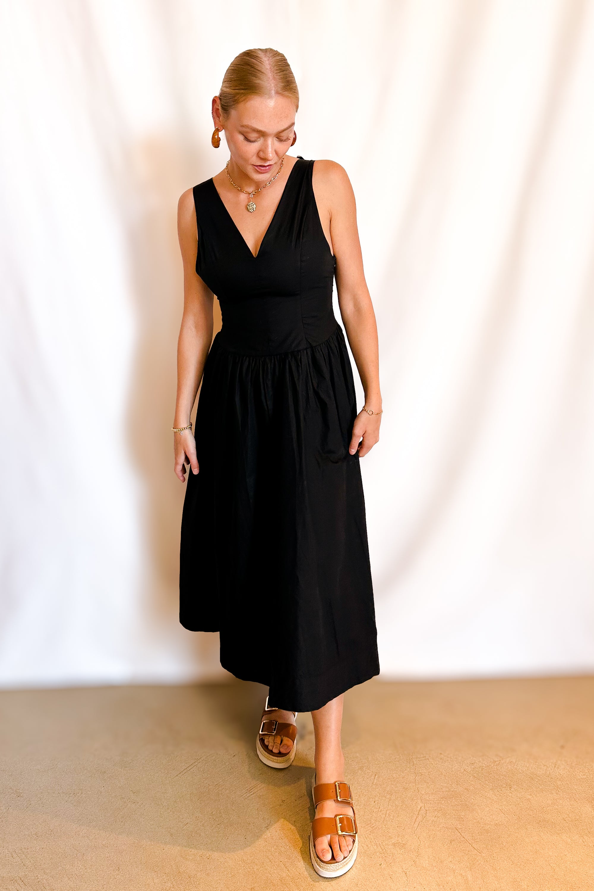 Cotton Bow Detail Tie Back Maxi Dress / Black