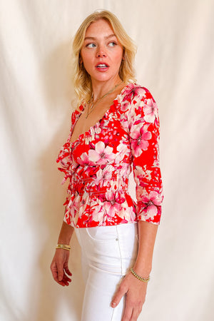 Floral Quarter Sleeve Peasant Style Blouse / Orange