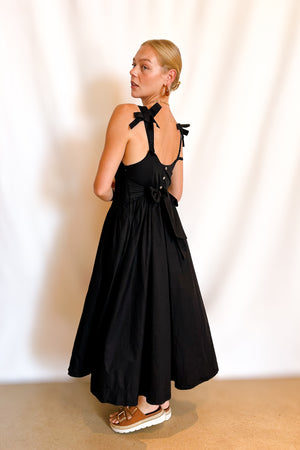 Cotton Bow Detail Tie Back Maxi Dress / Black