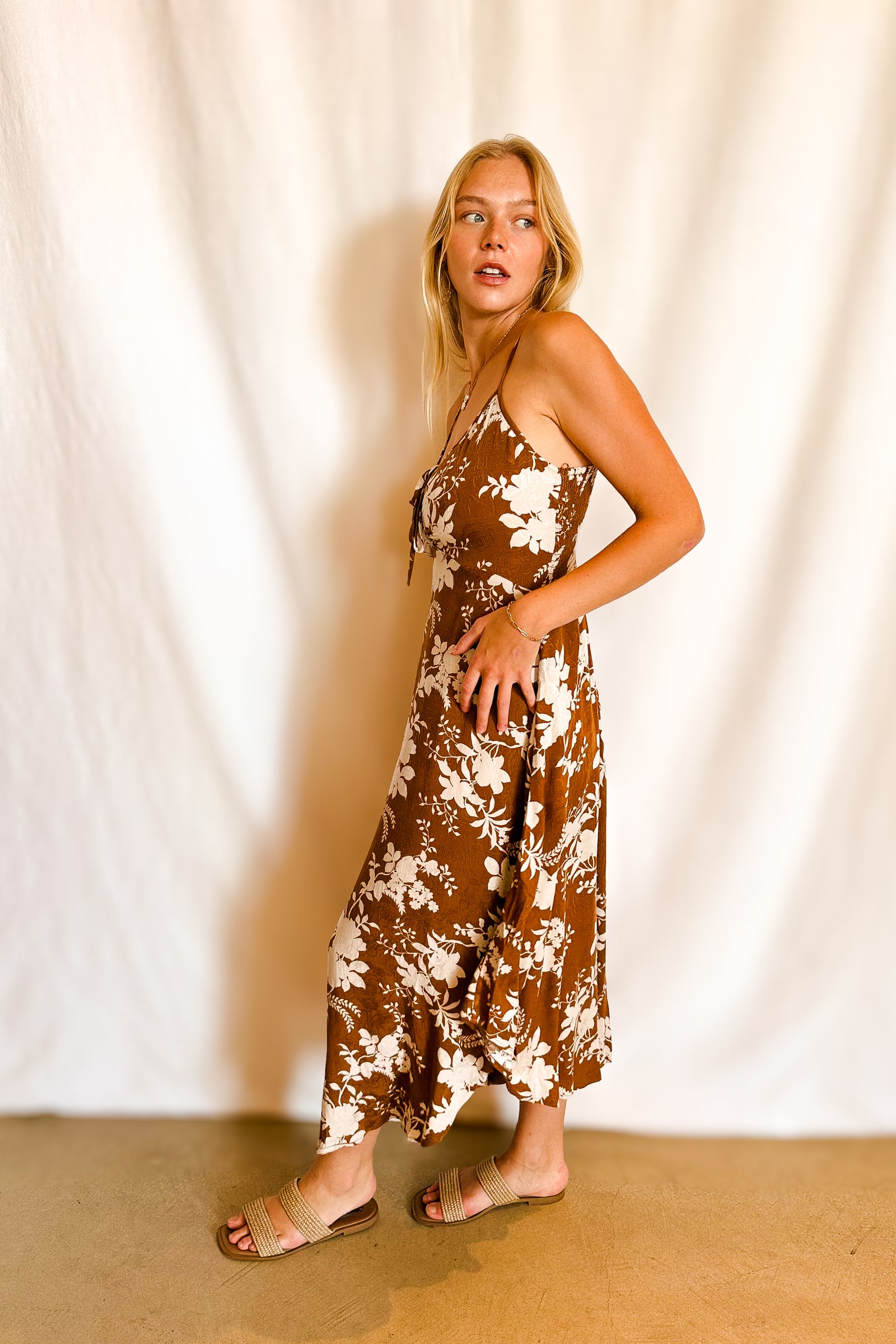 Jacquard Floral Cami Tulip Hem Dress / Camel