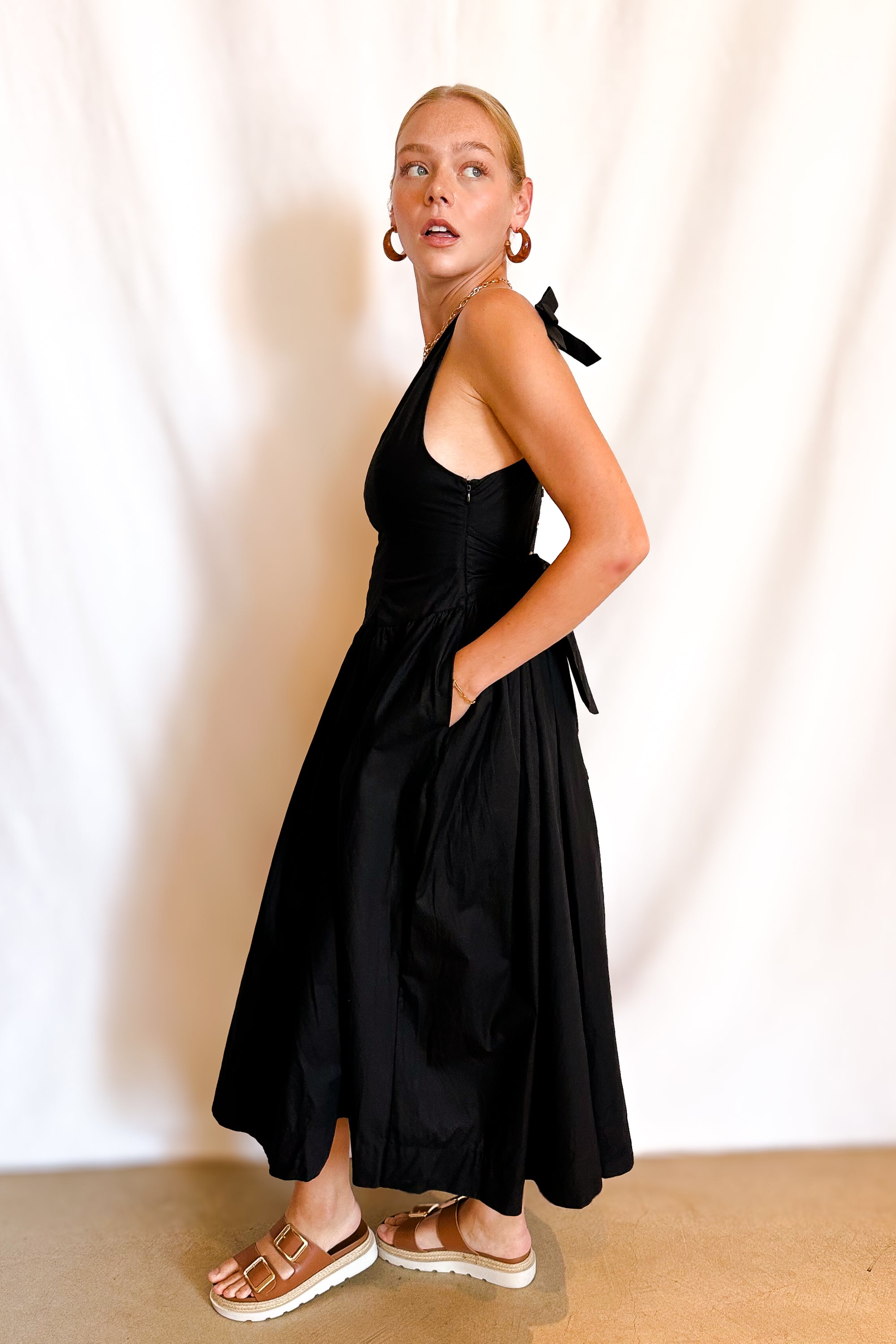 Cotton Bow Detail Tie Back Maxi Dress / Black