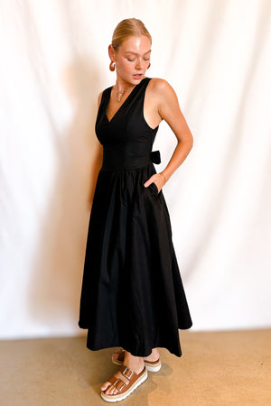 Cotton Bow Detail Tie Back Maxi Dress / Black
