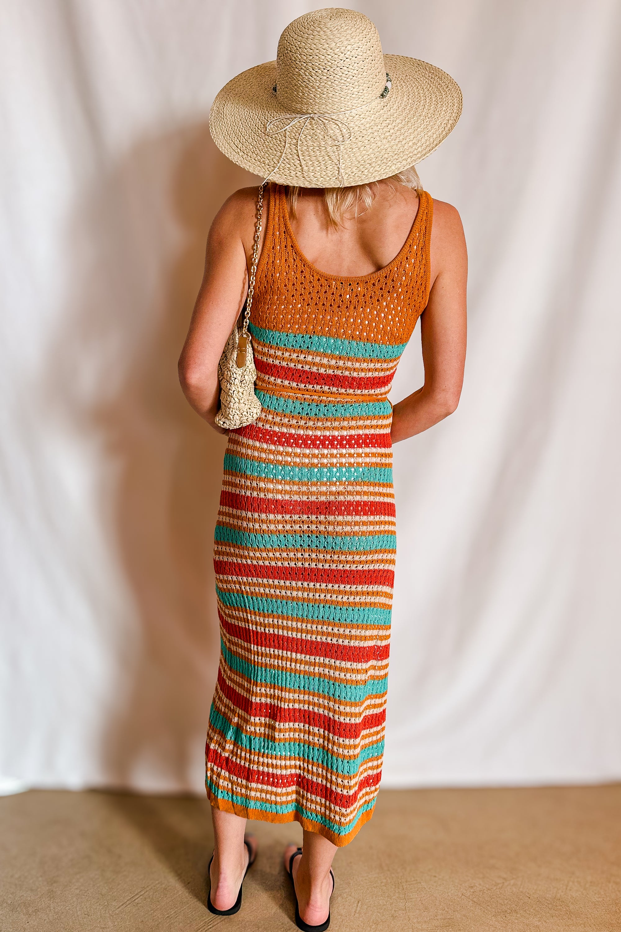 Sunset Stripe Crochet Tassle Belt Maxi Dress / Coral