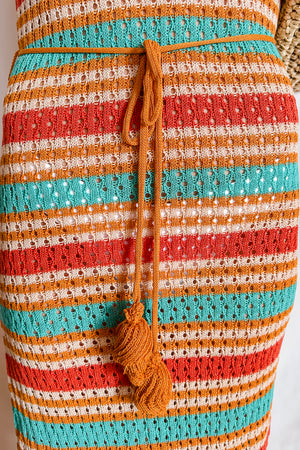 Sunset Stripe Crochet Tassle Belt Maxi Dress / Coral