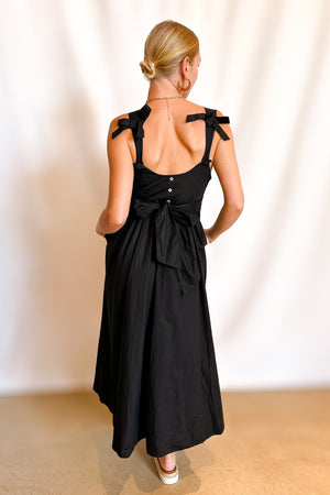 Cotton Bow Detail Tie Back Maxi Dress / Black