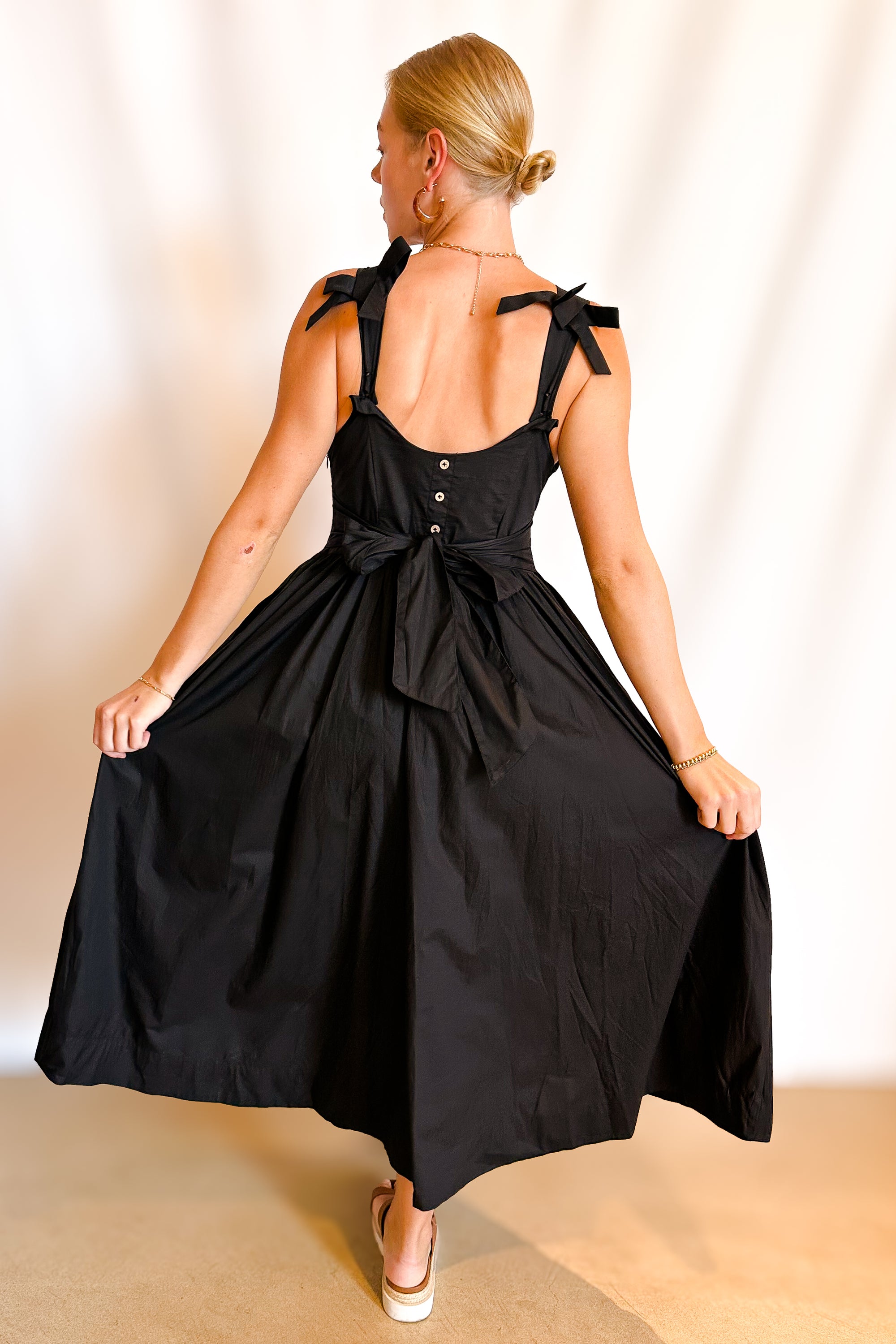 Cotton Bow Detail Tie Back Maxi Dress / Black