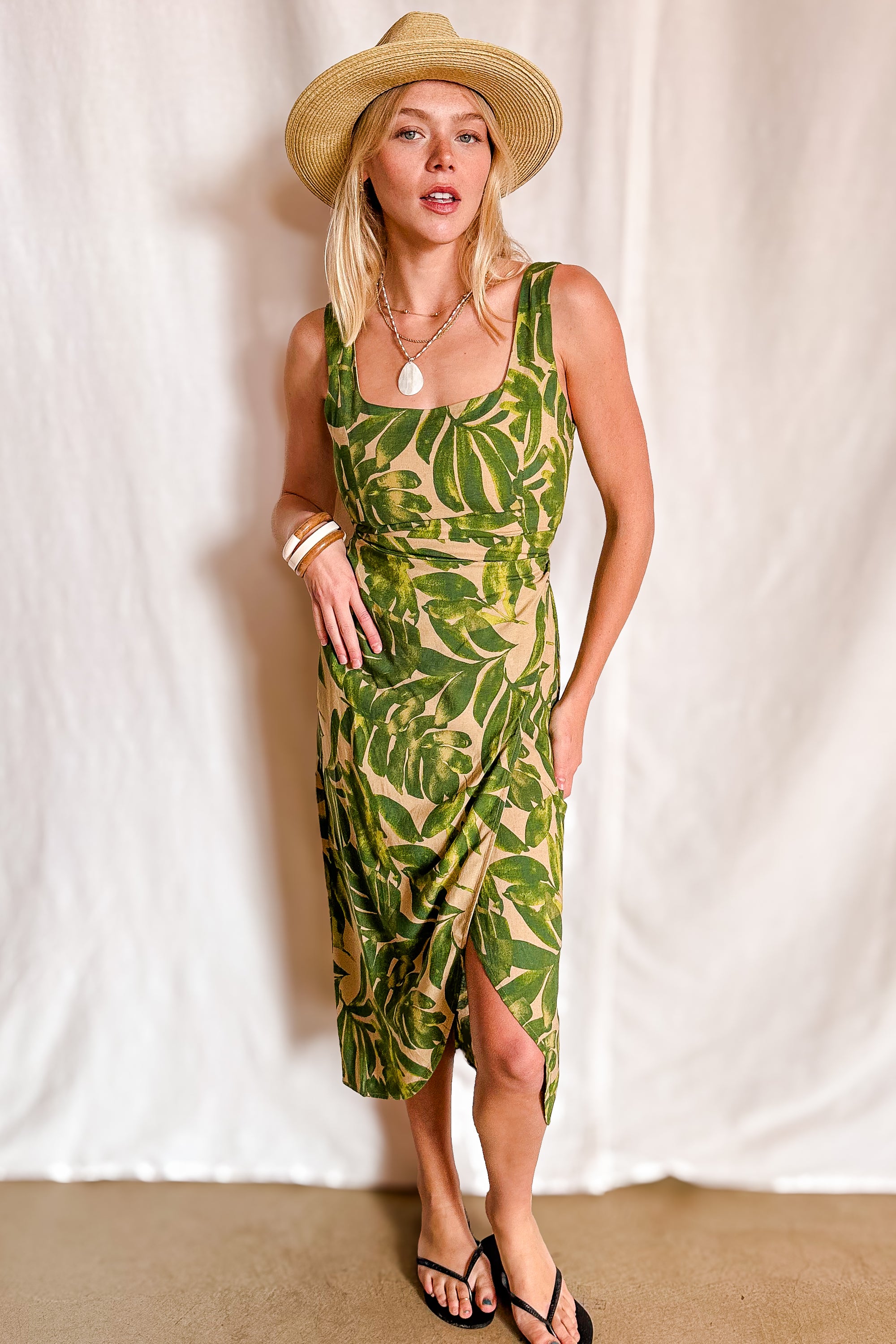 Ibiza Palm Tulip Hem Wrap Tank Dress / Green