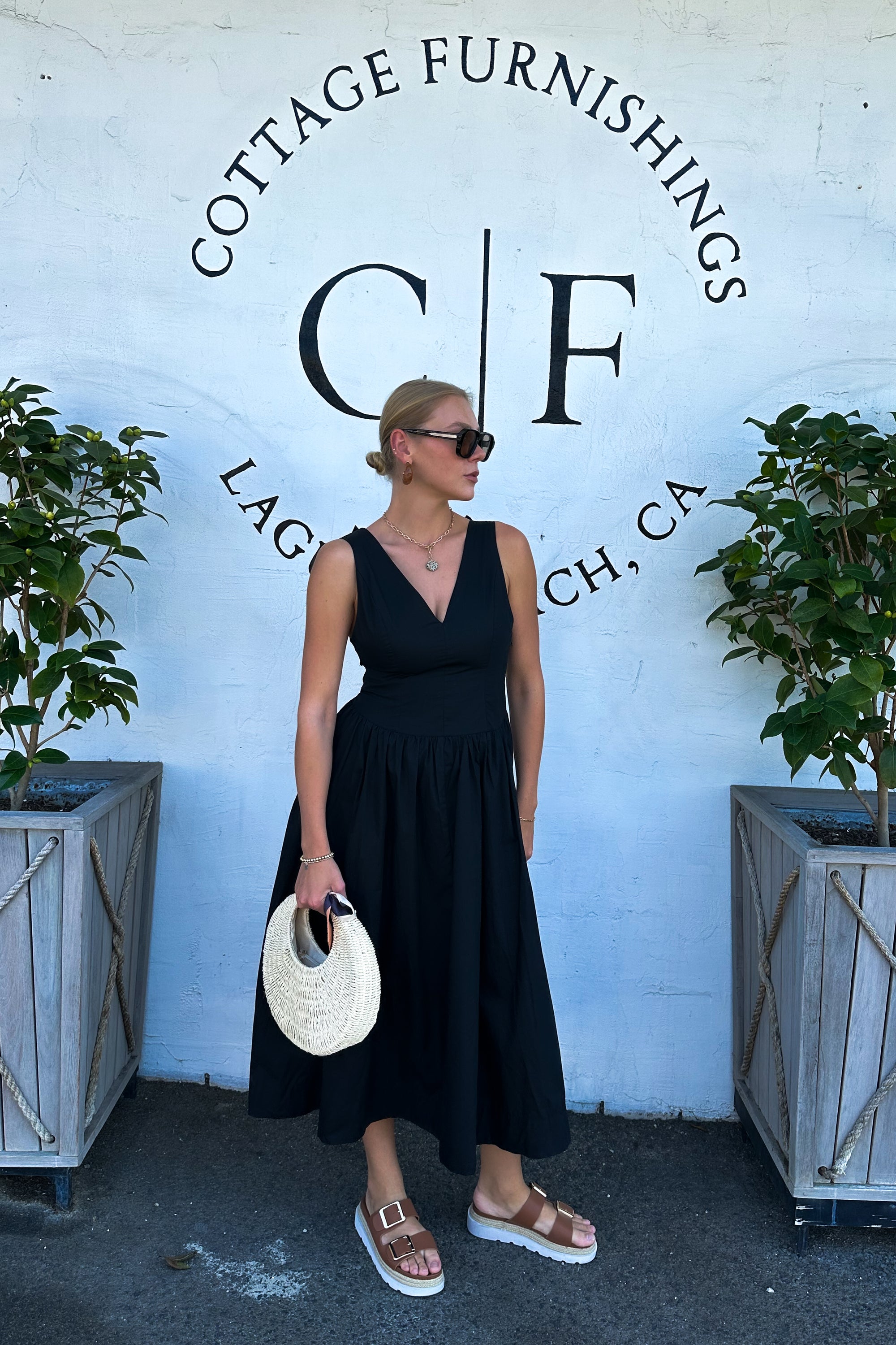 Cotton Bow Detail Tie Back Maxi Dress / Black