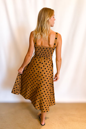 Polka Dot Linen Belted Tank Dress / Brown