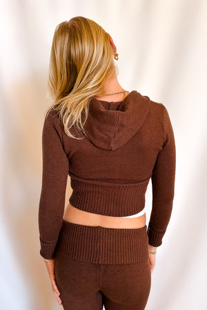 Knit Two Way Zip Fitted Hooded Cardigan / Chocolate