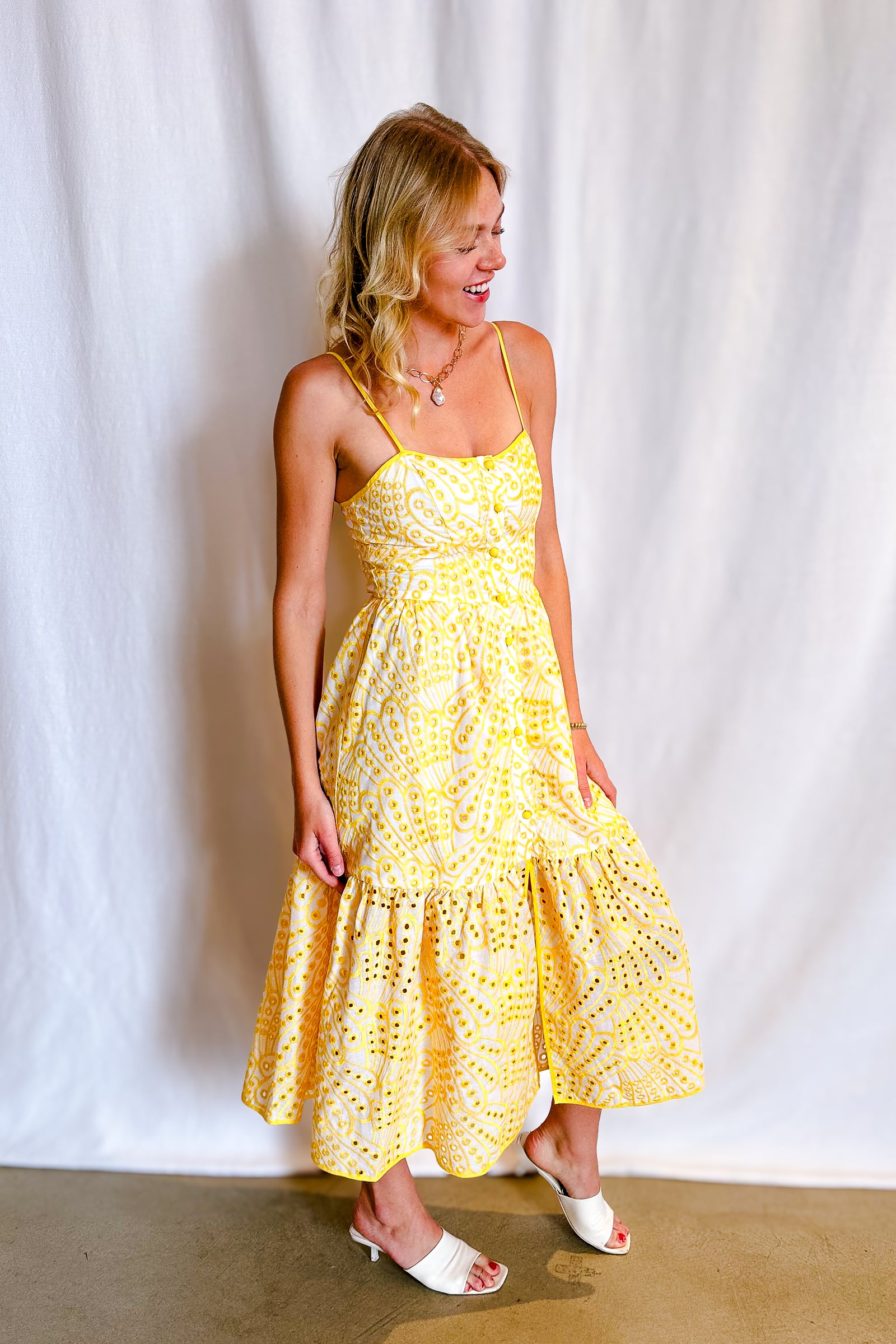 Yellow Eyelet Tiered Cami Dress / Yellow