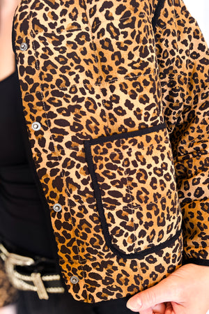 Quilted Leopard Button Down Puffer Jacket / Brown