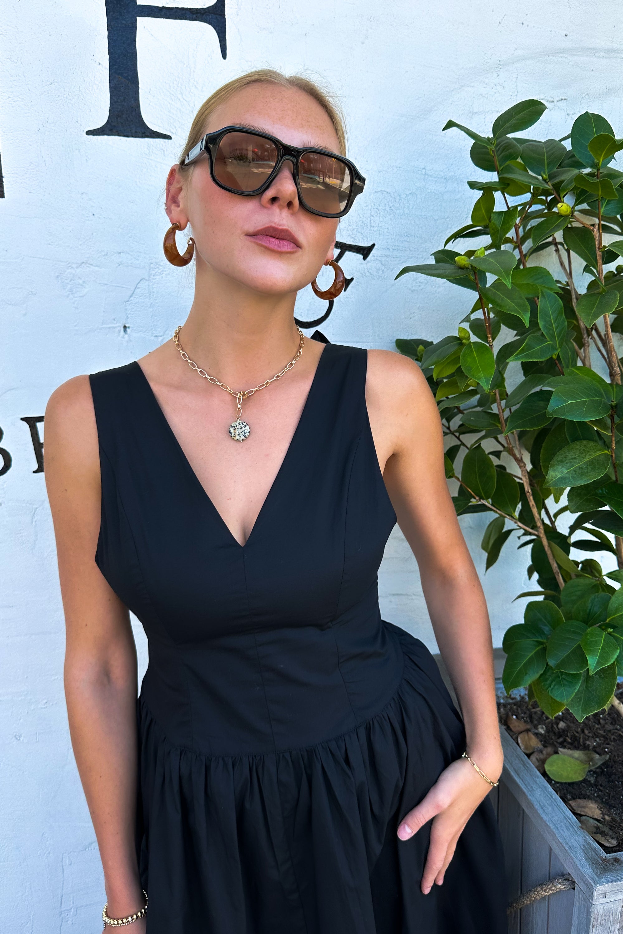 Cotton Bow Detail Tie Back Maxi Dress / Black