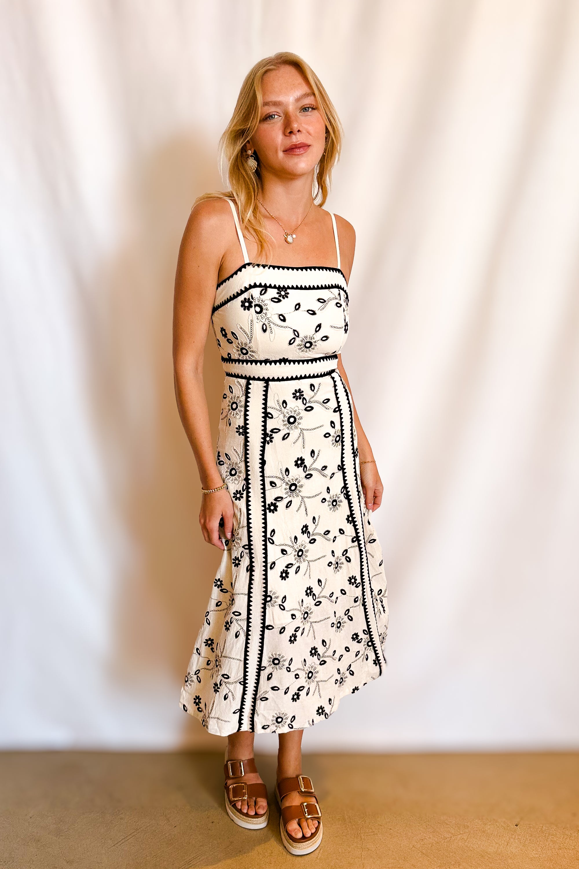 Black Embroidered Ric Rac Trim Maxi Dress / Natural