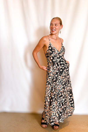 Monarch Print Open Tie Back Cami Maxi Dress / Black