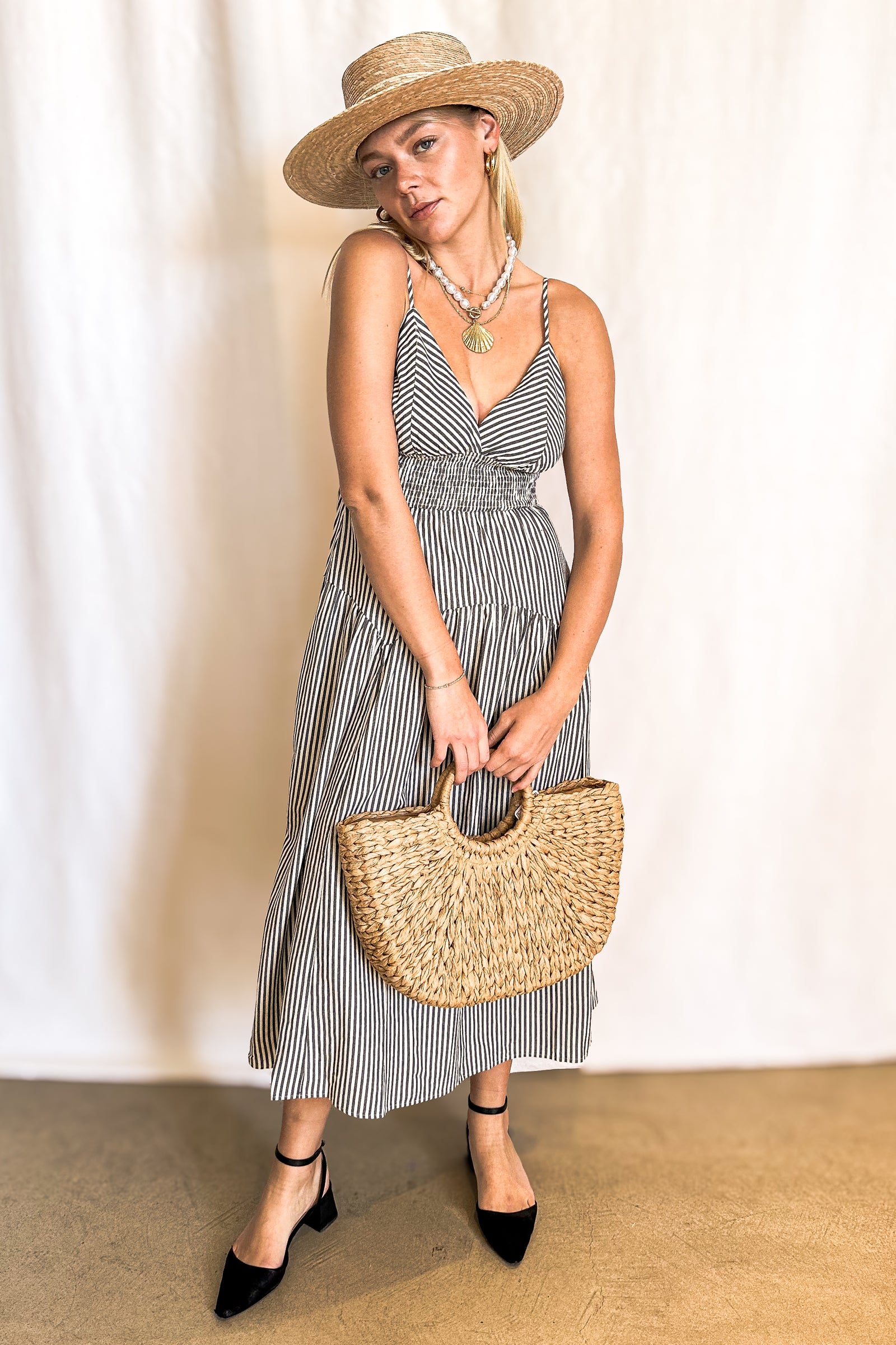 Railroad Stripe Triangle Bust Maxi Dress / Navy