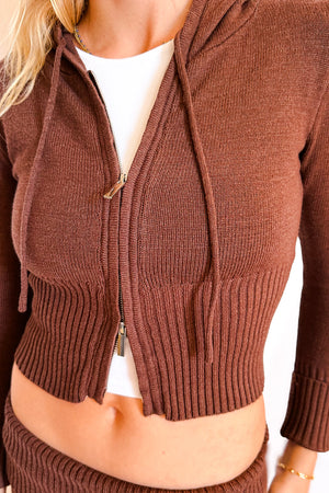 Knit Two Way Zip Fitted Hooded Cardigan / Chocolate