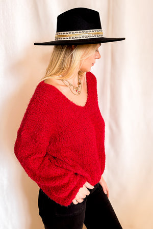 Fluffy V-Neck Sweater / Red