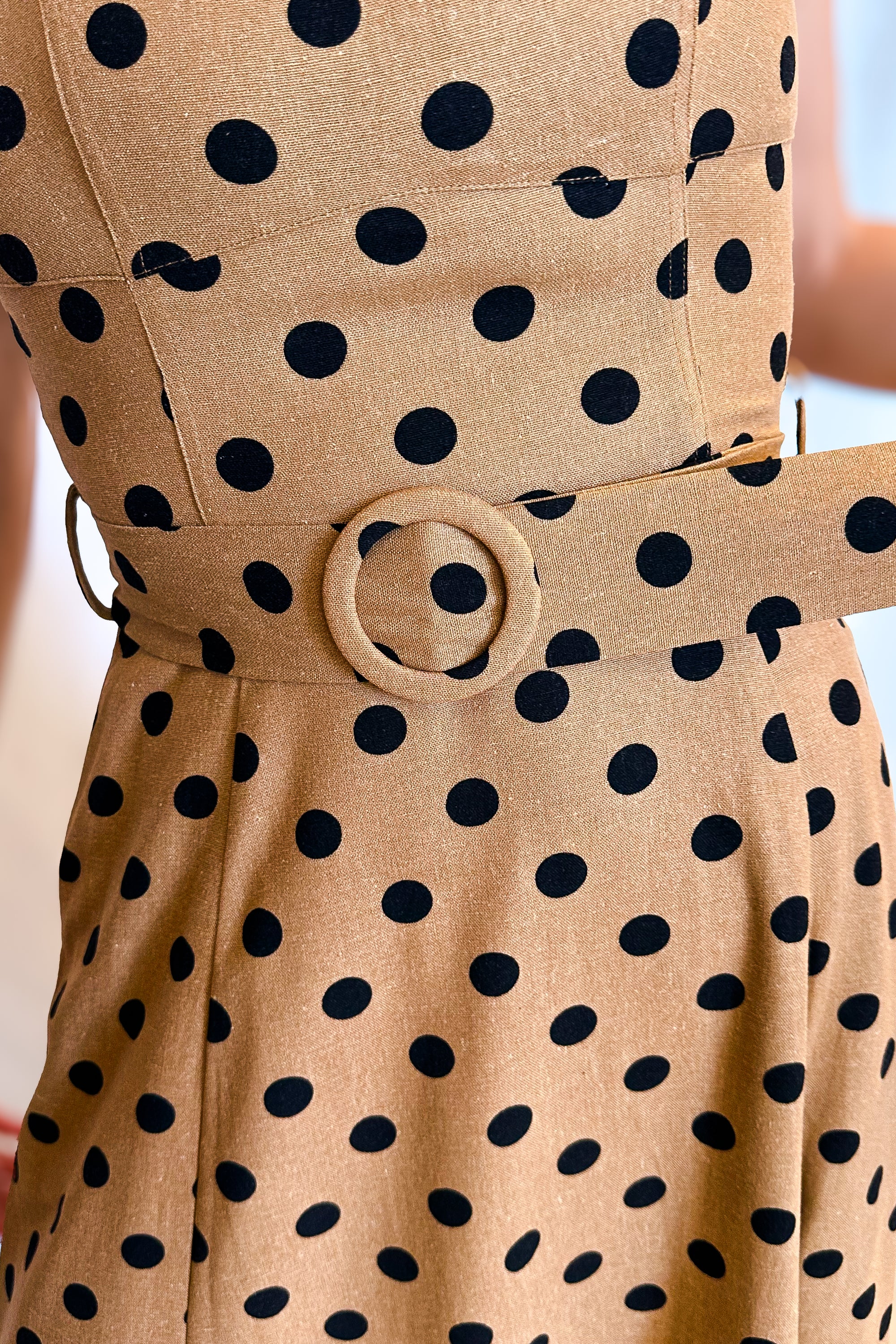 Polka Dot Linen Belted Tank Dress / Brown