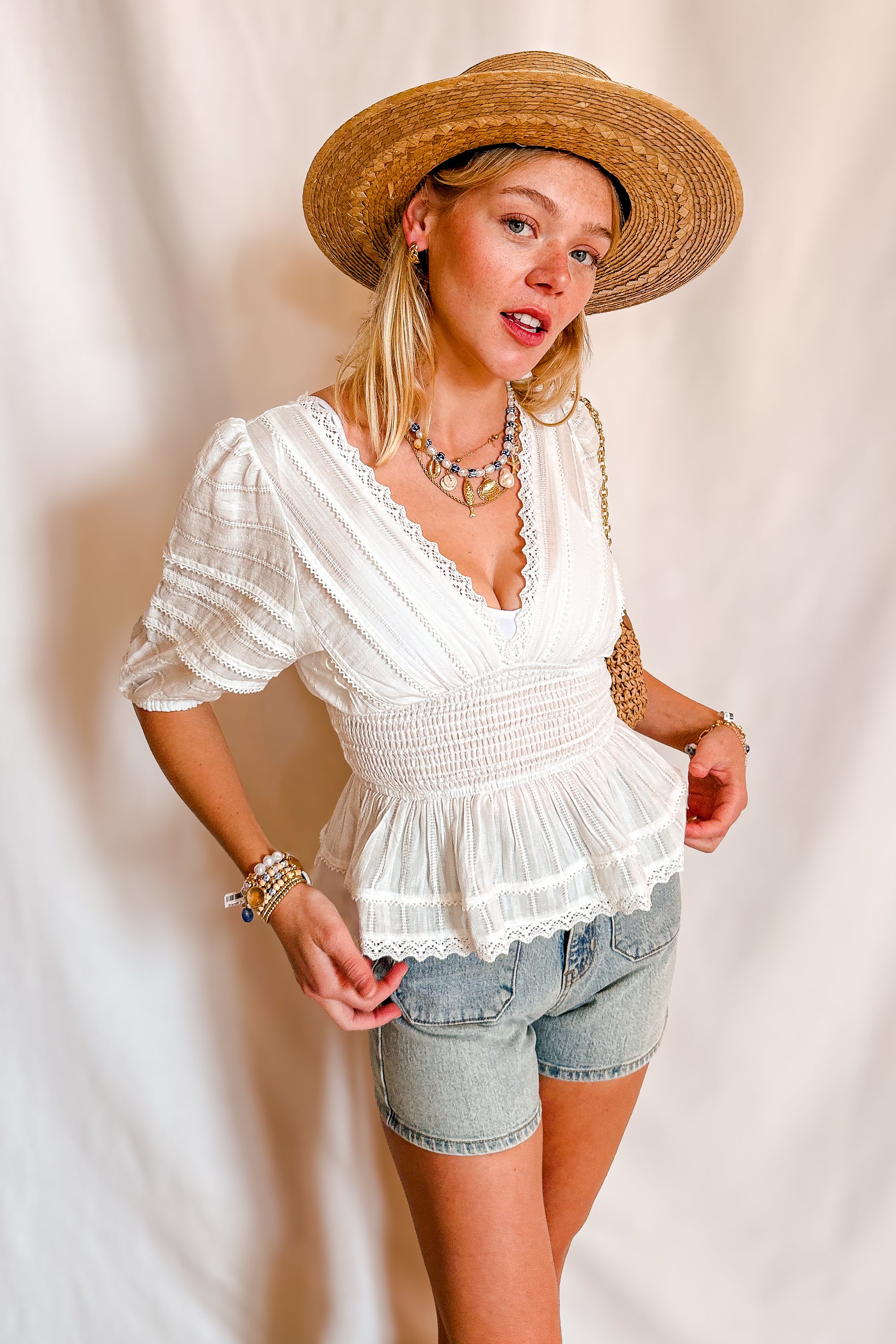 Eyelet Stretch Waist Peplum Short Sleeve Top / Ivory