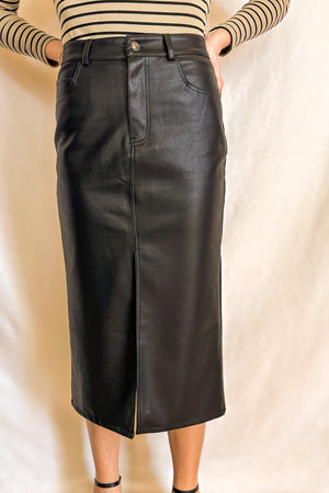 Vegan Leather Midi Skirt / Black