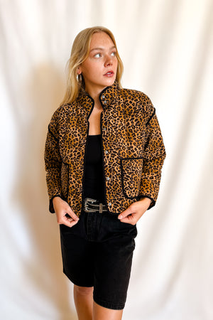 Quilted Leopard Button Down Puffer Jacket / Brown