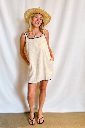 Linen Sleeveless Piping Detail Short Dress / Oat