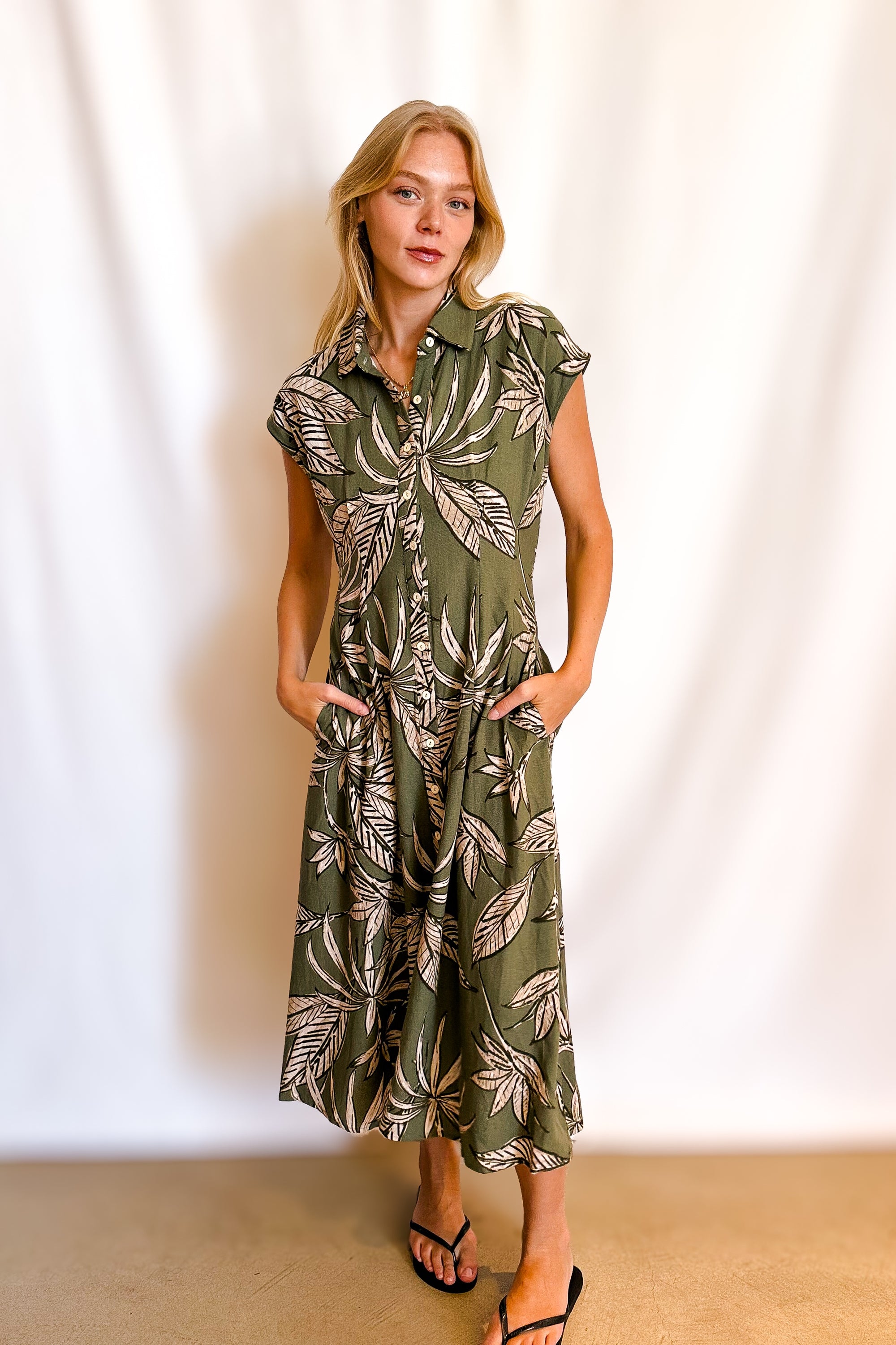 Linen Palm Button Up Open Back Sleeveless Dress / Olive