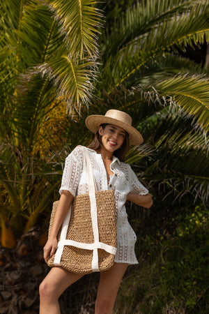 Straw Hat Carrying Large Tote / Tan