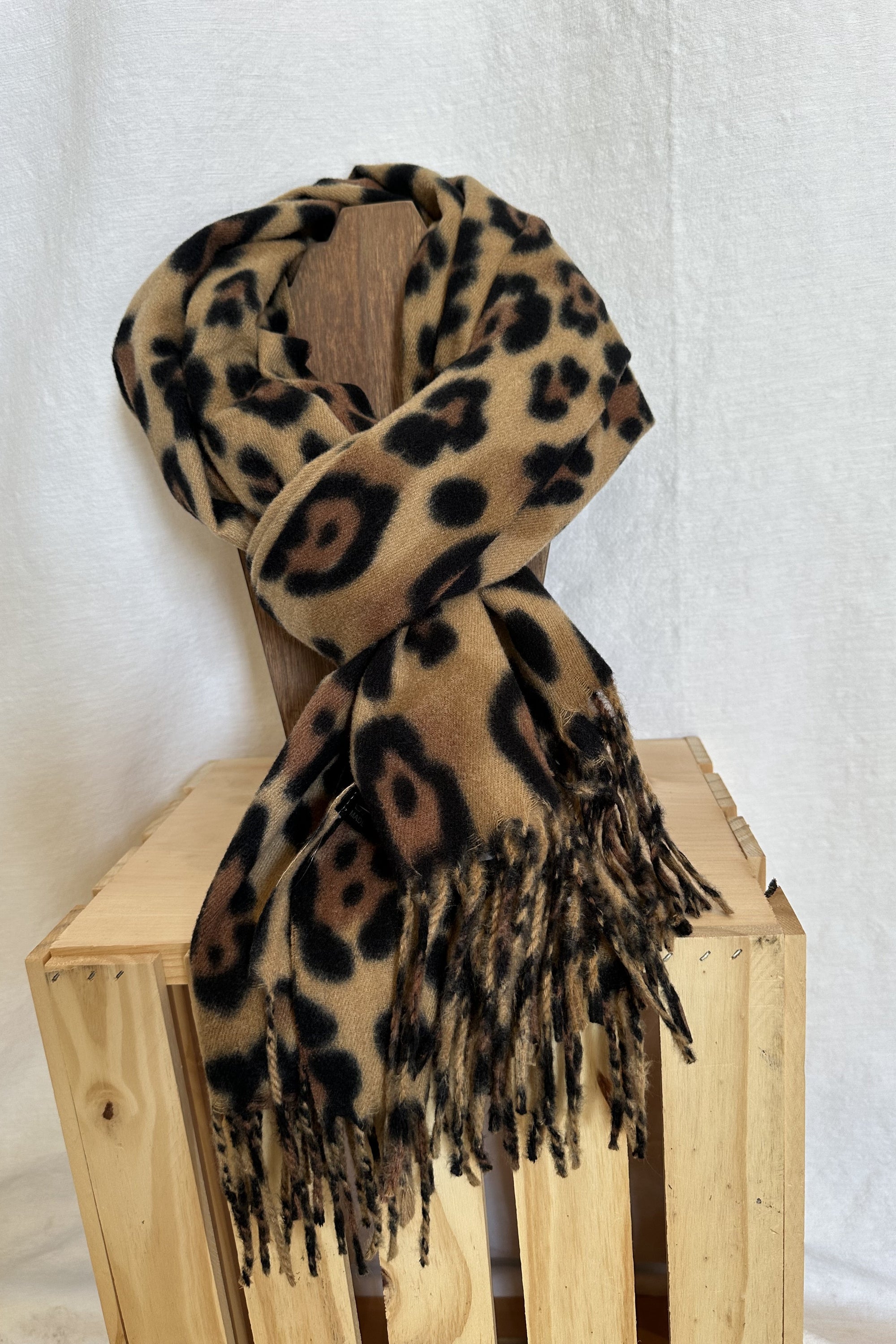 Soft Leopard Fringed Scarf / Taupe