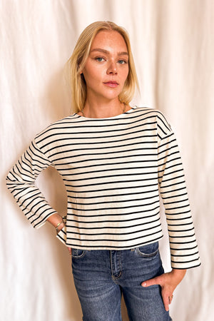 Striped Boxy Long Sleeve Basic Top / Black