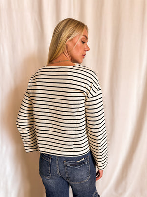 Striped Boxy Long Sleeve Basic Top / Black