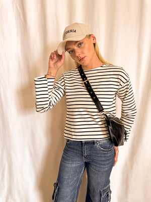 Striped Boxy Long Sleeve Basic Top / Black