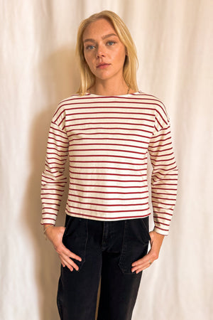 Striped Boxy Long Sleeve Basic Top / Red