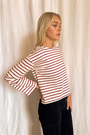 Striped Boxy Long Sleeve Basic Top / Red