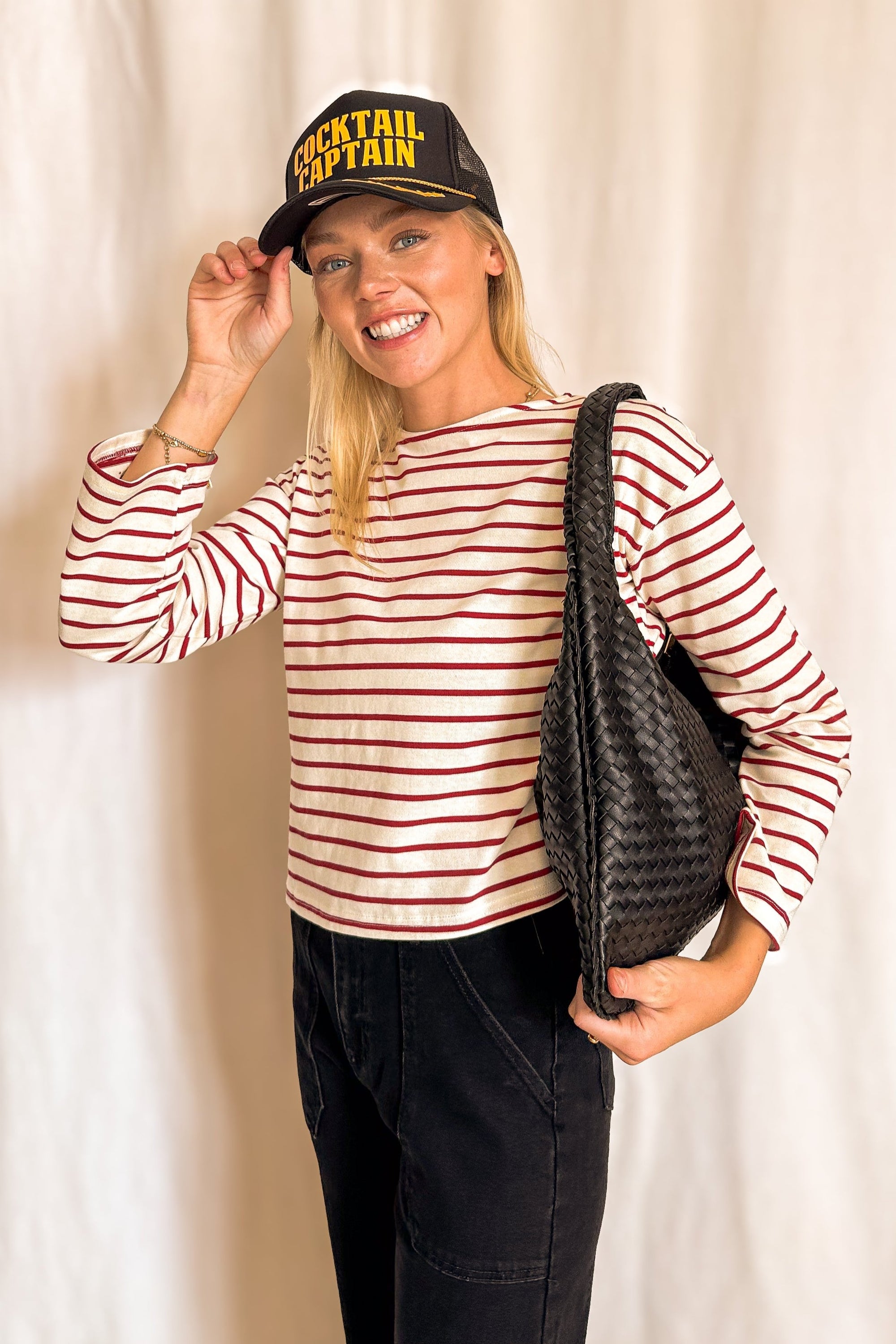 Striped Boxy Long Sleeve Basic Top / Red