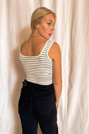 Ribbed Knit Striped Basic Henley Tank Top / Cream