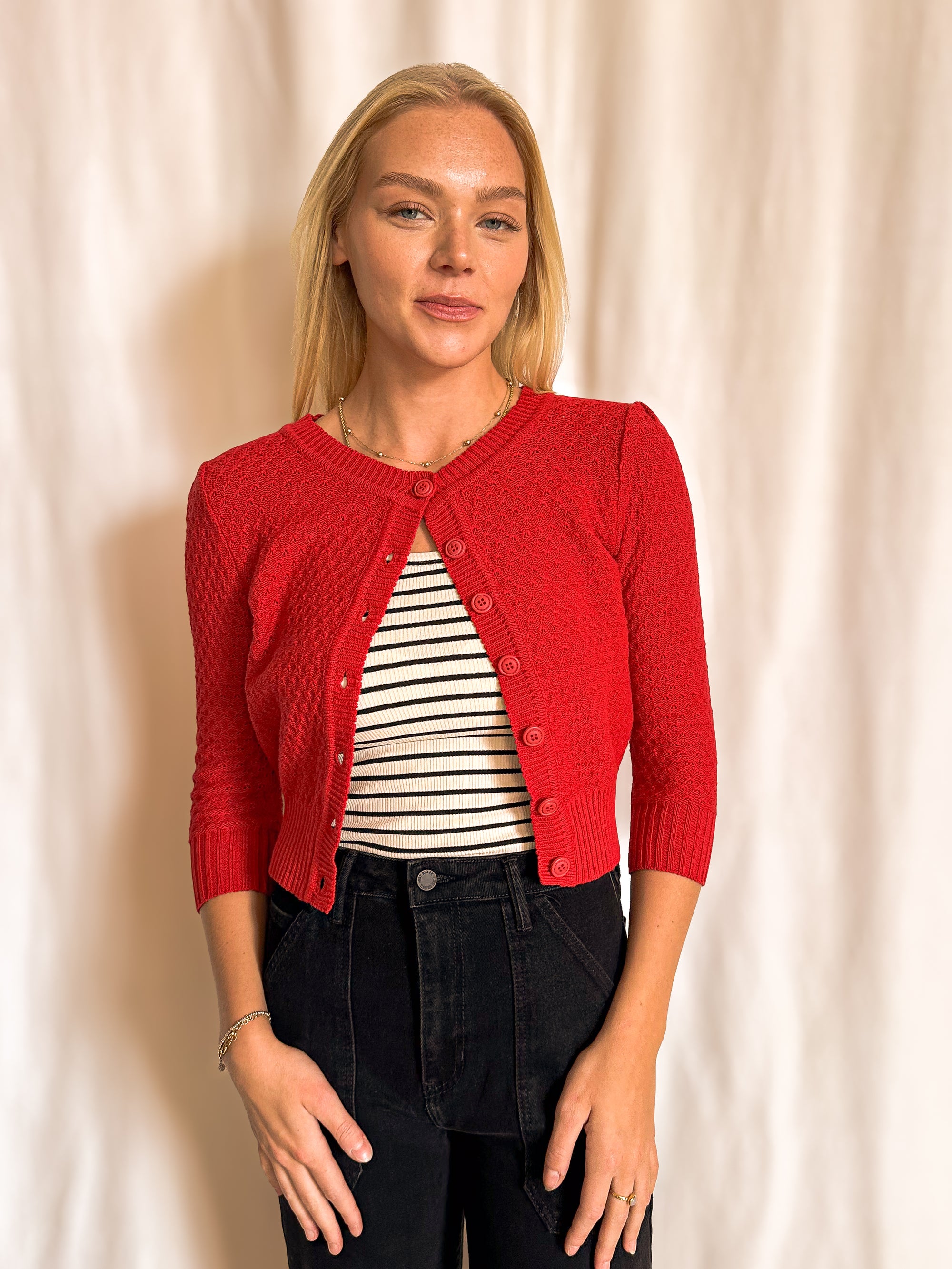 Pointelle Knit Quarter Sleeve Crop Cardigan / Red